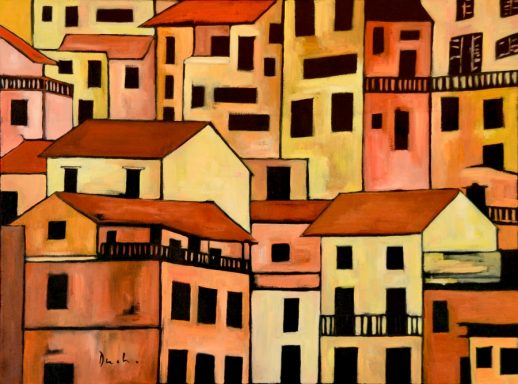 Pintura al óleo de un conjunto de casas superpuestas con fachadas en tonos ocres, rosas y blancos, simplificadas en planos de color.