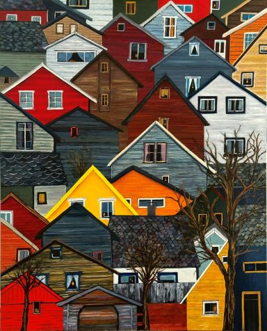 Pintura al óleo de una agrupación de casas de madera de colores superpuestas, con árboles sin hojas entre las fachadas.