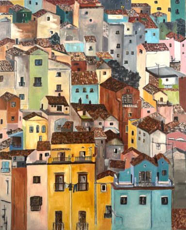 Pintura al óleo de un conjunto de casas de colores y tejados de teja, superpuestas en una composición urbana de calles estrechas.
