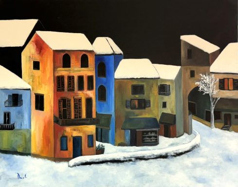 Pintura al óleo de un conjunto de casas cubiertas de nieve junto a una calle curva, con fachadas de colores y un árbol desnudo.