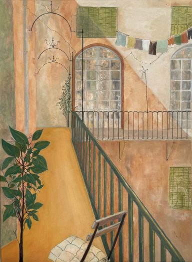 Pintura al óleo de un patio interior con galería, barandilla, grandes ventanales y luz de mediodía que atraviesa el espacio.