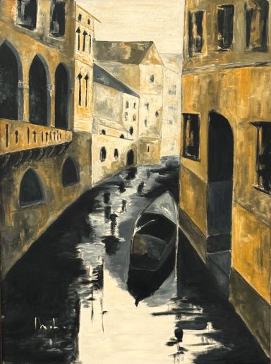 Pintura al óleo de un canal de Venecia con edificios históricos, una góndola y reflejos de luz sobre el agua.