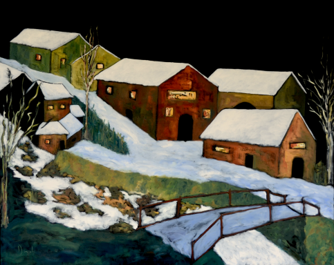 Pintura al óleo de un conjunto de casas rurales cubiertas de nieve, con un arroyo y un pequeño puente en primer plano.