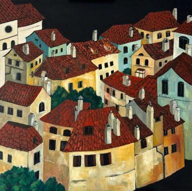 Pintura al óleo de un conjunto de tejados rojos y fachadas de tonos cálidos en el casco histórico de Praga.