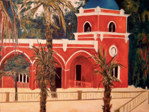 Pintura al óleo de un edificio de fachada roja con arcos, palmeras y una cúpula azul.