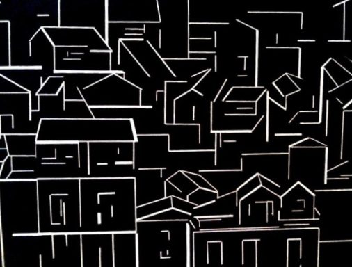 Pintura al óleo de una ciudad nocturna representada mediante líneas blancas sobre un fondo negro que dibujan edificios y tejados.