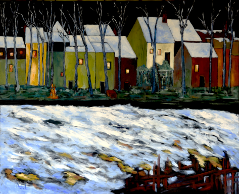 Pintura al óleo de un conjunto de casas entre árboles desnudos, con el suelo cubierto de nieve y ventanas iluminadas durante la noche.
