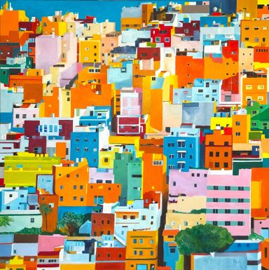 Pintura al óleo de una ciudad formada por edificios de colores intensos, superpuestos en una composición geométrica y luminosa.