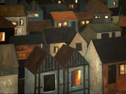 Pintura al óleo de un conjunto de casas durante la noche, con ventanas iluminadas que destacan entre las sombras.