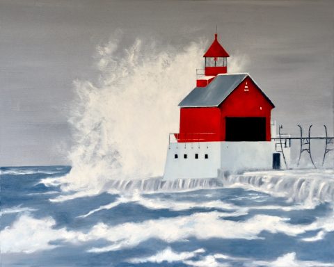 Pintura al óleo de un faro rojo junto al mar, con una gran ola rompiendo contra el espigón bajo un cielo gris.
