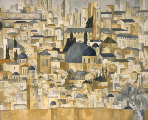 Pintura al óleo de una vista de Jerusalén con edificios de piedra, cúpulas y torres, unificados por una paleta de tonos ocres y grises.