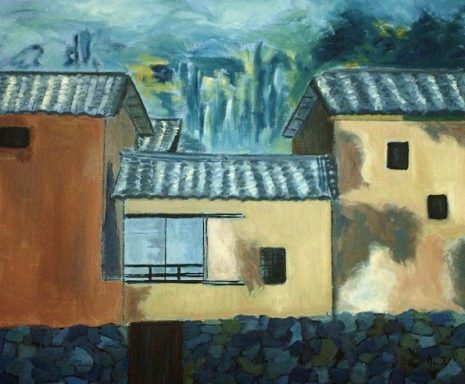 Pintura al óleo de varias casas rurales japonesas con tejados de teja, un muro de piedra en primer plano y vegetación al fondo.
