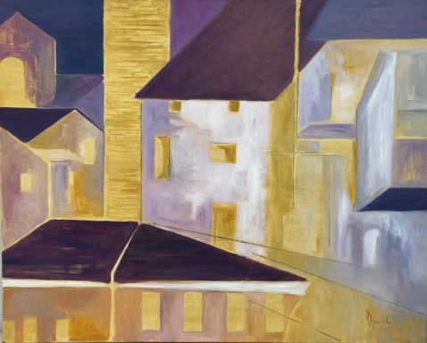 Pintura al óleo de un conjunto de edificios y calles en Béjar, iluminados por una luz cálida que simplifica las formas arquitectónicas.
